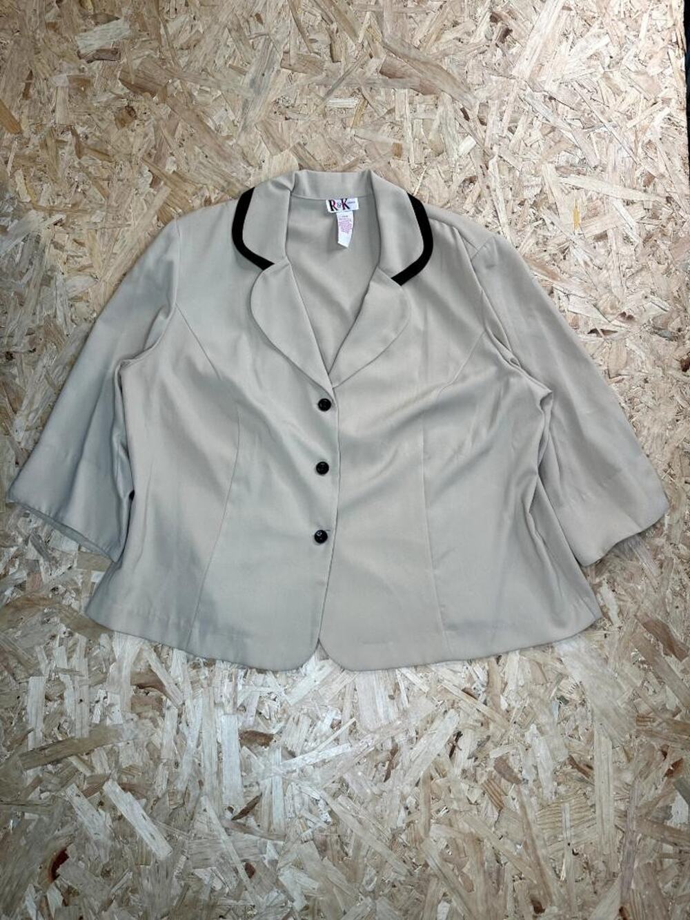 R&K Woman Blazer Jacket Womens 22W Beige 3/4 Sleeve Black Trim Button Up